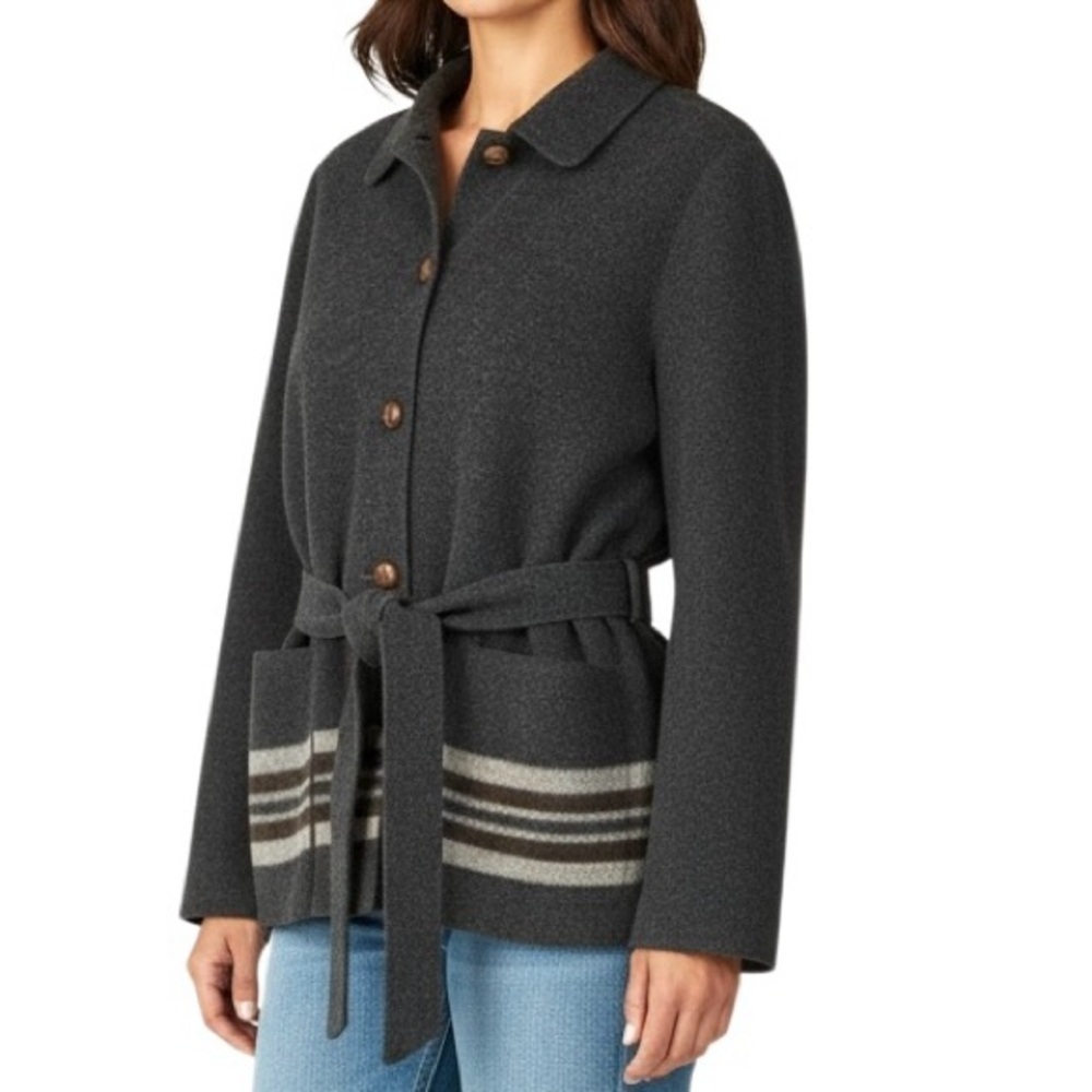 Lands’ End Women’s Plus Wool Sweater Jacket Gray Belted Size 18 Classic Neutral